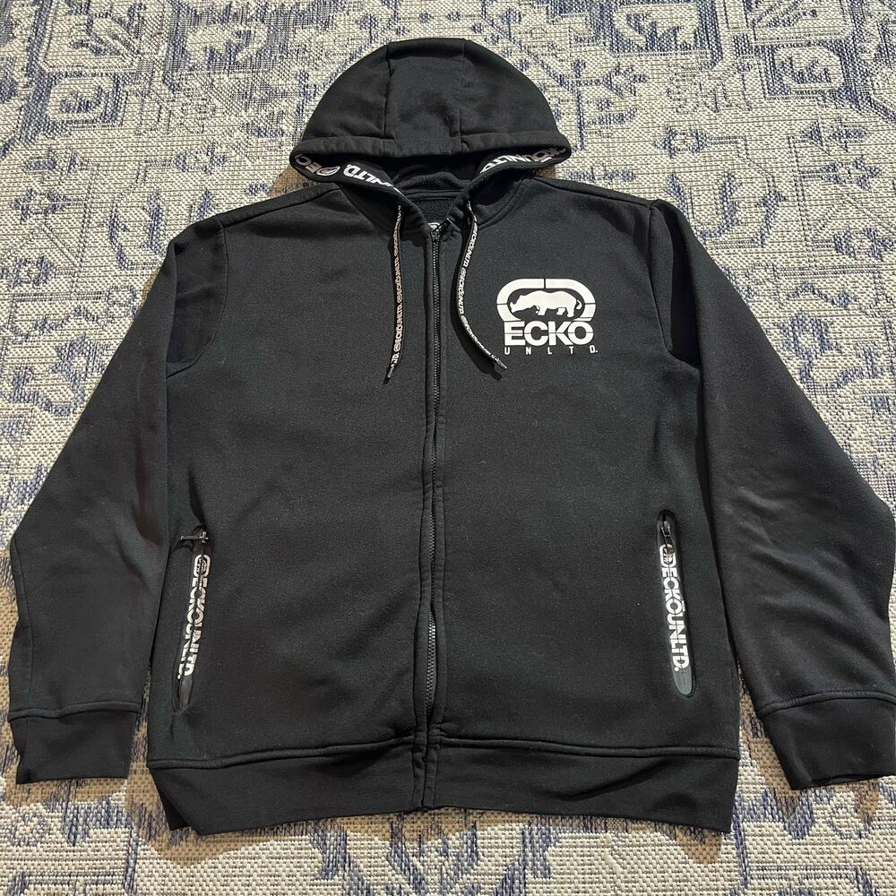 VTG Y2k Ecko UNTLD. Black Graphic Zipup Hoodie Skater Grunge Style SZ L